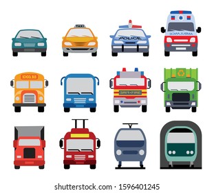 Collection of transportation icons presenting different modes of transport on land. Set of front view flat icons of police car, ambulance car, fire department vehicle, taxi car, garbage collector, sch