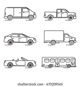 Collection of transportation icons in thin line style. Various vehicles - car, truck, bus.