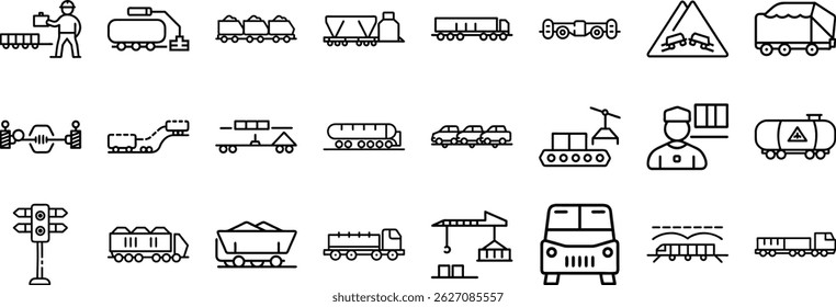 Collection of transportation and logistics line editable icons set depicting railroad and delivery