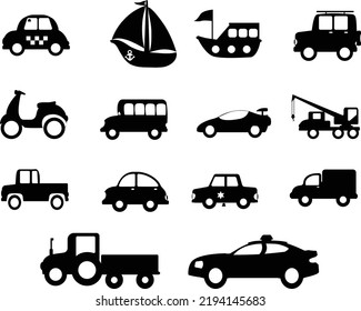 Colección de vehículos de transporte icono de siluetas vectoriales aisladas planas