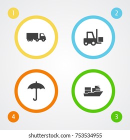 Collection Of Transportation, Vessel, Truck And Other Elements.  Set Of 4 Cargo Icons Set. 
