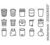 Collection of trash can icons. Thin line vector, contains various models of trash cans.