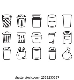 Collection of trash can icons. Thin line vector, contains various models of trash cans.