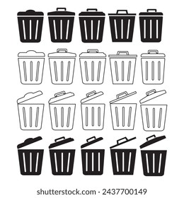 Colección de iconos de papelera. Icono Web, botón Eliminar. Eliminar símbolo de estilo plano sobre fondo blanco