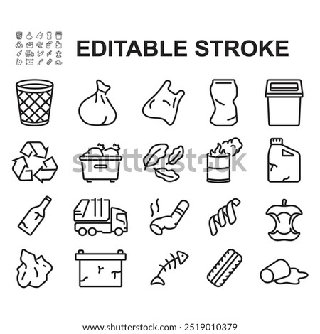 Collection of trash icons. Thin line style vector. Contains icons such as trash can, fruit trash, leaf trash.