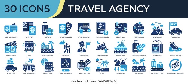 Collection of Travel Agency icons, related to airplane ticket, holidays, vacation, adventure, Travel insurance and more. Solid icons vector illustation.