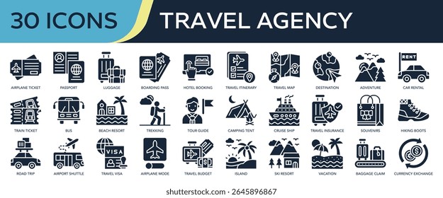 Collection of Travel Agency icons, related to airplane ticket, holidays, vacation, adventure, Travel insurance and more. Glyph icons vector illustation.