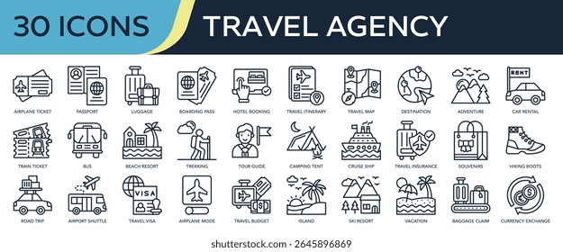Collection of Travel Agency icons, related to airplane ticket, holidays, vacation, adventure, Travel insurance and more. Outline icons vector illustation.