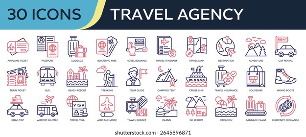 Collection of Travel Agency icons, related to airplane ticket, holidays, vacation, adventure, Travel insurance and more. Outline Color icons vector illustation.