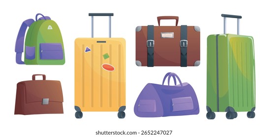 Coleção de bolsas de viagem, incluindo malas, mochilas, mochila e maleta em estilo colorido cartoon em fundo branco. Conceito de férias e viagens. Ilustração vetorial