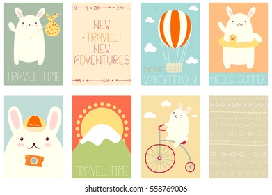 Collection of travel banner, background, flyer, placard in hand drawn style with cute bunny. Holiday poster for scrapbooking. Vacation vector template card for greeting, decoration in retro colors