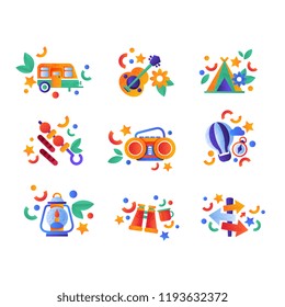 Collection of travel and camping equipment, colorful summer travel icons vector Illustration on a white background