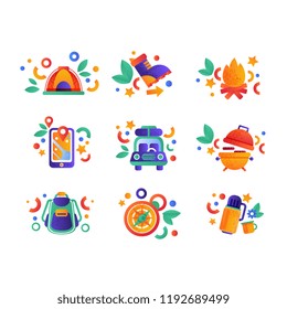 Collection of travel and camping equipment, summer travel elements vector Illustration on a white background