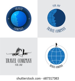 Collection of travel company vector logo, symbol. Template design with airplane, globe as a concept image for traveling