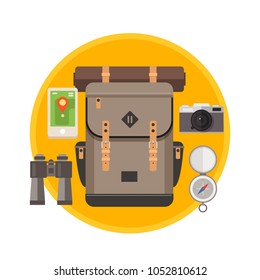 Collection travel equipment: hiking backpack, GPS, binoculars, camera, compass. Preparing for the trip. Vector illustration flat style.