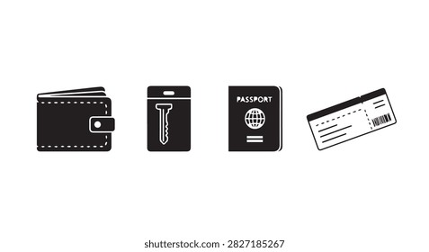 Collection of travel essentials featuring a wallet, flashlight, passport, and ticket, ideal for travelers and globetrotters preparing for journeys.