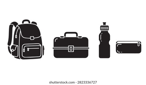 Collection of travel essentials including backpack, suitcase, water bottle, and pencil case for organized journeys and outdoor adventures.