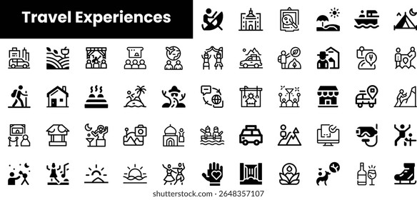 A collection of travel experience icons featuring various activities, from hiking and beach fun to local cuisine and cultural exploration, offering a visual travel guide.