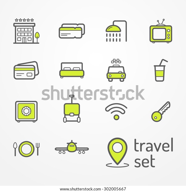 Collection of travel and hotel icons. Thin line\
style with lime color. Hotel and travel vector stock image. Typical\
travel symbols - hotel, taxi, shower, luggage, restaurant, plane,\
wi-fi, ticket.