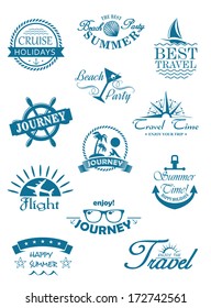 Collection of travel icons in blue depicting travel, journey, summer, beach party, flights and cruises for use in the tourist industry to promote that unforgettable tropical summer vacation