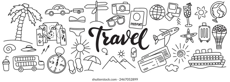 Collection of travel icons in doodle style. Travel icons set. Hand drawn vector art.