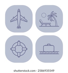 Collection of travel icons including airplane, beach chair under sun, lifebuoy, and suitcase on conveyor. Perfect for travel themes and activities