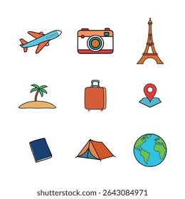 A collection of travel icons including an airplane a camera the Eiffel Tower and a globe isolated on a white background. Vector illustration style. 