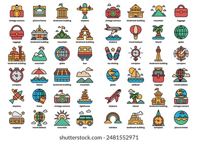 A collection of travel icons including airplanes, boats, and buildings. The icons are arranged in a grid and are all in different colors