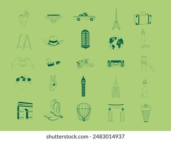 Collection of travel icons. Landmarks of London, New York, Paris, Tokyo, Seaside. Editable vector illustration