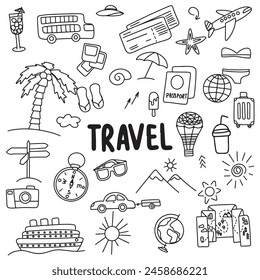 Collection of travel icons set in doodle style. Hand drawn vector art.