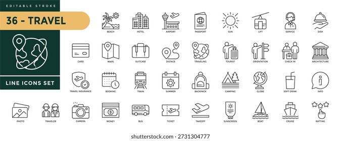 A collection of Travel icons set with editable stroke, including beach, hotel, airport, passport, sun, lift, service, dish, check in, globe, bus, money, camera, cruise. Thin linear vector illustration