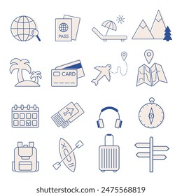 Collection of travel icons, summer vacation trip at sea, beach vacation, summer vacation, journey. Active tourism vector elements for tour, camping providers, summer camp, trip, journey abroad.