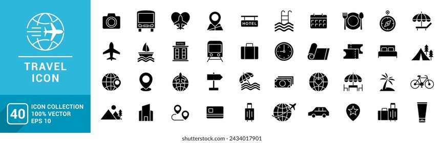 Collection of travel icons, travel, tourism, recreation, lodging, hotel, vector template editable and resizable EPS 10