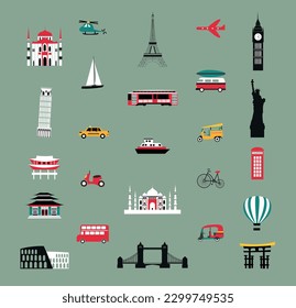 Collection of travel icons and transportation. Vector illustration