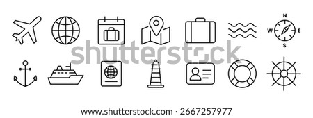 Collection of travel line icon vector. journey line icon editable stroke symbol