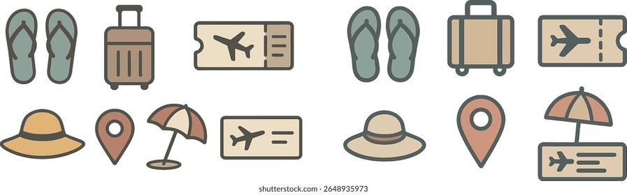 Collection of travel necessities including flip flops, suitcases, and umbrella. Items suggest a beach vacation and adventure on a sunny day.
