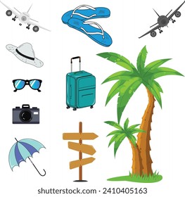 A collection of travel photos vectorielle
Camera, travel bag, sunglasses, palm tree, umbrella grass, summer slippers, summer hat, airplane,Signpost