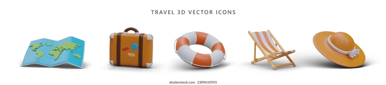 Colección de iconos realistas de viajes. Mapa, maleta con pegatinas, salvavidas, silla plegable, sombrero panama. Imágenes en blanco aisladas en 3D sobre fondo blanco. Ilustraciones para vacaciones publicitarias, vacaciones