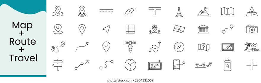 Collection of travel route map and location icons with transparent background