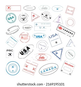 Collection of travel stamps for the airport. Stamps from different countries.