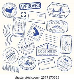 Collection of travel stamps with city names like Tokyo, Paris, Sydney, and New York. Includes designs with iconic landmarks and travel-themed elements. Blue travel stamps, vector set.