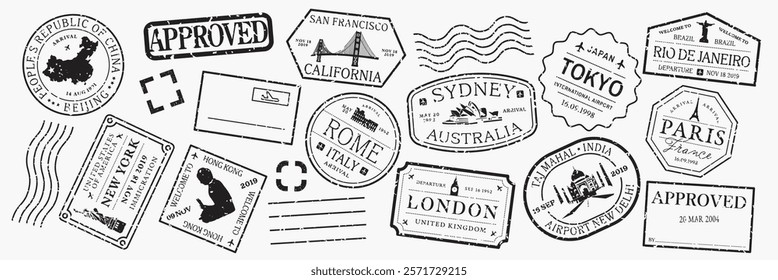 Collection of travel stamps featuring cities like Tokyo, Paris, and Sydney. Passport stamps, travel icons, and destination labels for travel enthusiasts. Black travel stamps, vector set.