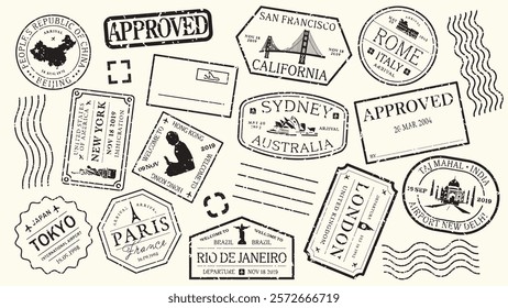 Collection of travel stamps featuring cities like San Francisco, Rome, and Sydney. Travel-themed stamps with various city names and designs. Vintage black stamps, vector set.