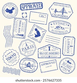 Collection of travel stamps featuring destinations like New York, Paris, Tokyo, and Sydney. Stamps highlight travel, destinations, and global cities. Blue travel stamps, vector set.