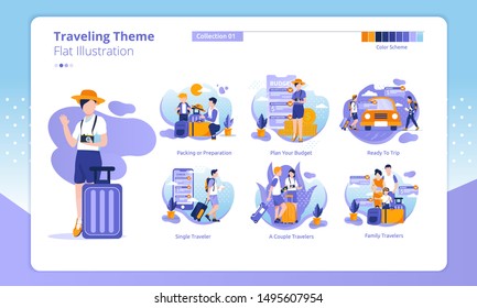 Collection of travel theme illustrations, flat illustrations with business trips