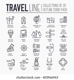 Colección de iconos de herramientas de viaje diseño de elementos. Descanso de vacaciones con cualquier conjunto de elementos. Recorrido, viaje, ilustraciones del contorno del viaje fondo vectorial. Imagen turística sobre el concepto de estilo de línea delgada