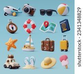 Collection of Travel Tourism 3d icon, Trip Planning World Tour. Holiday Vacation, Travel and Transport concept. Eps 10 Vector.