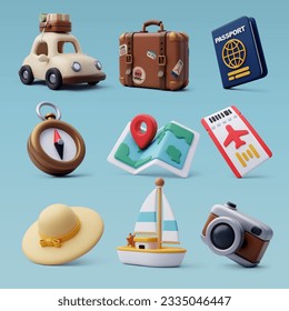 Collection of Travel Tourism 3d icon, Trip Planning World Tour. Holiday Vacation, Travel and Transport concept. Eps 10 Vector.