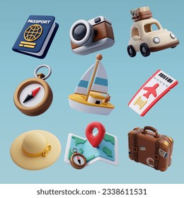 Collection of Travel Tourism 3d icon, Trip Planning World Tour. Holiday Vacation, Travel and Transport concept. Eps 10 Vector.