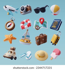 Collection of Travel Tourism 3d icon, Trip Planning World Tour. Holiday Vacation, Travel and Transport concept. Eps 10 Vector.